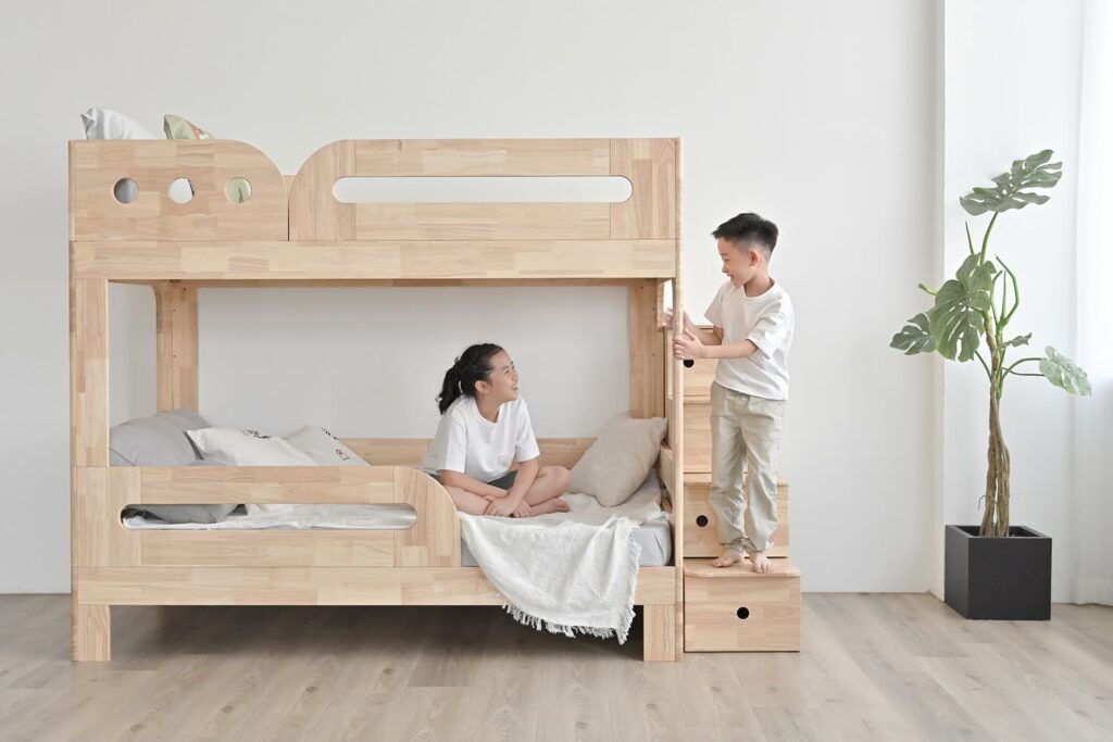 children talking on wooden modular bunk bed